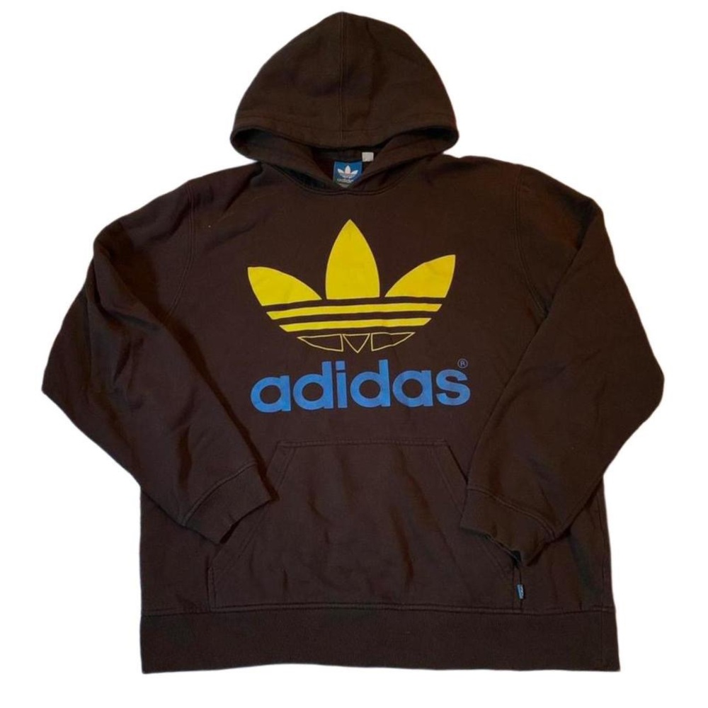 Y2K Adidas Trefoil Hoodie Mens Black Yellow Blue Big Logo Pullover Size XL